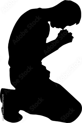 Man kneeling and praying silhouette isolated on white background