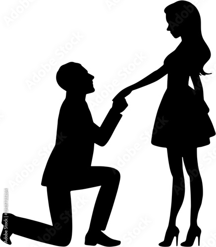 Man kneeling and proposing to a woman silhouette on white background