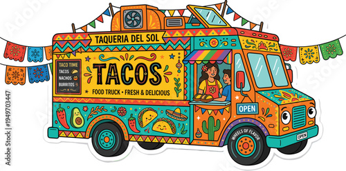 Vibrant and Festive Mexican Taco Food Truck Illustration with a Friendly Chef, Perfect for Street Food and Cultural Themes