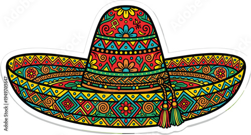Vibrant and Colorful Traditional Mexican Sombrero Hat with Intricate Geometric Patterns and Decorative Tassels