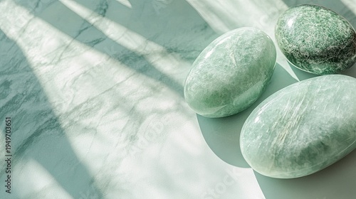 Calming green healing stones on pastel marble surface with soft sheer curtain shadow for spa wellness meditation background