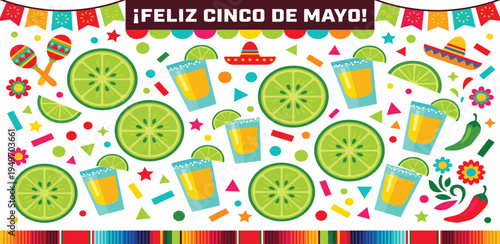 Cinco de Mayo Celebration with Lime Slices, Tequila Shots, Maracas, and Chili Pepper Illustration for Festive Mexican Party Banner