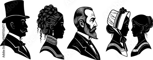 Victorian silhouette portraits, vintage man and woman profiles, 1800s shadow art, historical side view clipart, antique couple outline illustrations