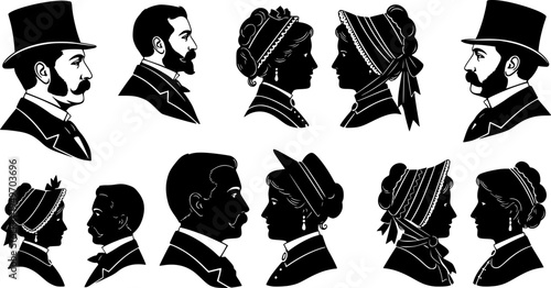 Victorian silhouette portraits, vintage man and woman profiles, 1800s shadow art, historical side view clipart, antique couple outline illustrations