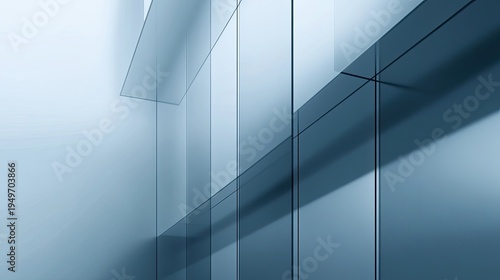 Minimalist abstract modern architectural interior with translucent glass panels, geometric shapes and cool blue lighting for tech background