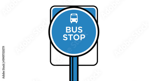 Vector illustration of a blue circular bus stop sign with a white icon and pole on a plain white background