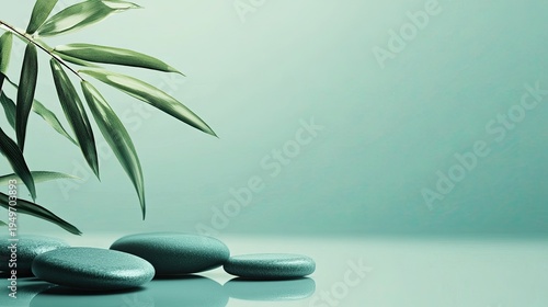 Zen Spa Meditation: Bamboo Leaf, Pebble Stones – Nature’s Calm Serenity, Minimalist Still Life
