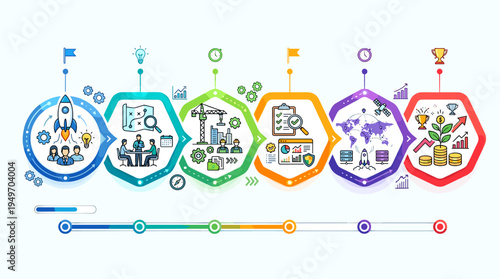 Strategic Business Growth Timeline Illustration Visualizing Startup Development, Project Management, and Financial Success Journey