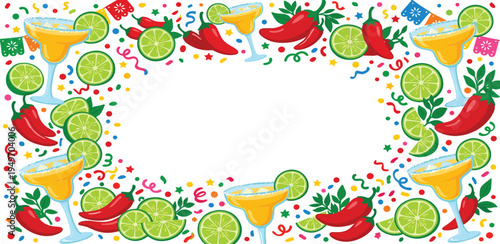 Festive Fiesta Frame of Margarita Cocktails, Chili Peppers, and Lime Slices with Colorful Confetti for a Celebratory Theme
