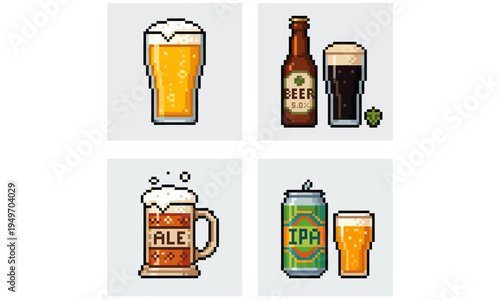 A retro pixel art collection of assorted alcoholic beverages, including frothy light beer, dark stout, hoppy ale, and refreshing lagers served in various containers like glasses, mugs, and cans