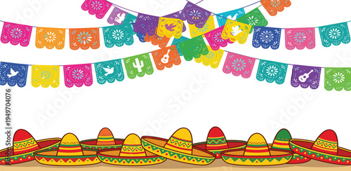Vibrant Mexican Fiesta Celebration with Colorful Papel Picado Banners and Traditional Sombreros, Perfect for Cultural Events and Party Decorations