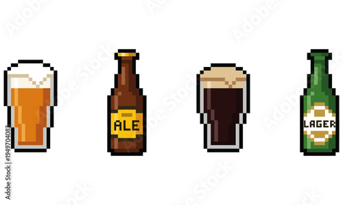 Pixel art beverage icons featuring beer bottles and glasses, showcasing different types of beer