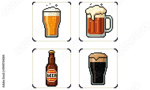 Charming pixel art collection of diverse beer varieties, including golden lagers, dark stouts in glasses, and a classic brown bottle, all in a retro game style