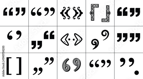 Quotation marks icons set decorative quote symbols punctuation typography vector illustration speech citation marks isolated design collection