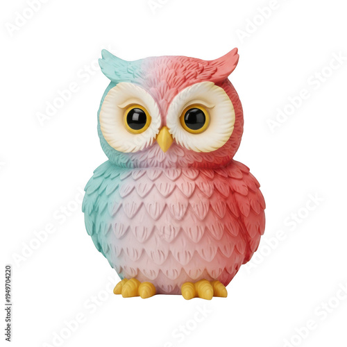 A whimsical pastel-colored owl figurine with vibrant yellow eyes and feet. isolated on transparent background