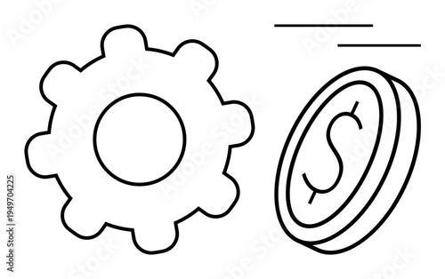 Business operations, financial management, economy, productivity, settings, technology. A gear next to a coin with dollar sign. Financial management and business operations