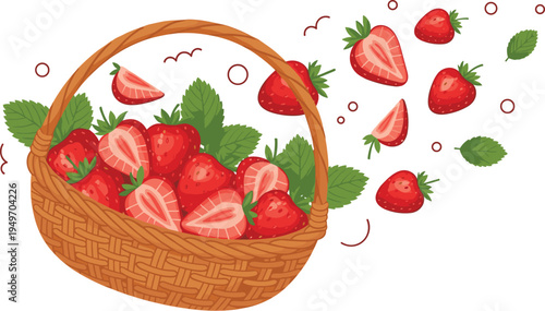 Detailed Strawberry Fruit Vector Illustration Featuring Whole Berries Sliced Halves and Fresh Green Mint Leaves for Healthy Food Summer Dessert and Organic Nutrition Design