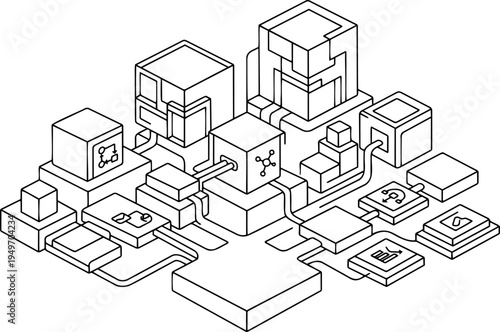 Isometric line art vector of digital network blocks and cloud computing infrastructure