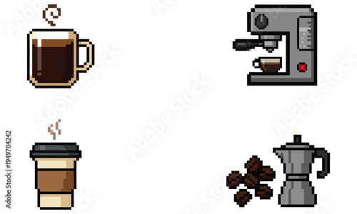 Pixel art icons of coffee drinks and brewing equipment, including a hot mug, to-go cup, espresso machine, and moka pot