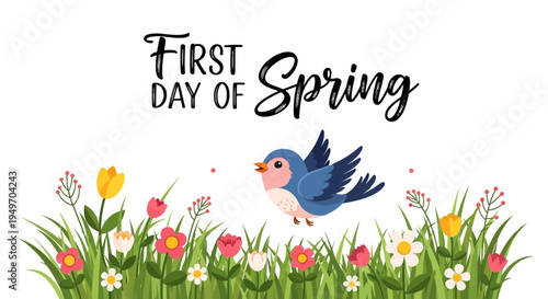 A blue bird flying over colorful blooming flowers and green grass on the first day of spring with a joyful springtime concept background.