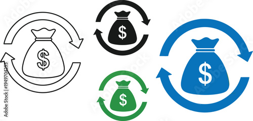 A collection of money bag icons featuring a circular arrow design in various styles and colors
