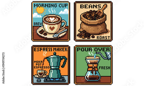 Pixel Art Collection of Coffee-Themed Illustrations Featuring a Morning Cup, Roasted Beans, Espresso Maker, and Pour Over Method