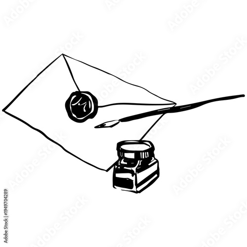 Hand writing a letter with fountain pen, envelope and ink bottle illustration