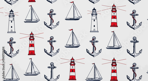 Nautical seamless pattern with anchors lighthouses and sailboats on white background