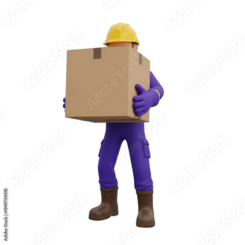 A construction worker in a yellow helmet carrying a large cardboard box. isolated on transparent background