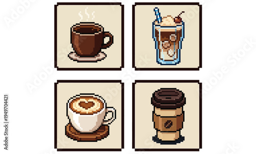 A charming collection of pixel art illustrations showcasing a variety of popular coffee beverages, including steaming hot cups, refreshing iced drinks, and a delightful latte with a heart design