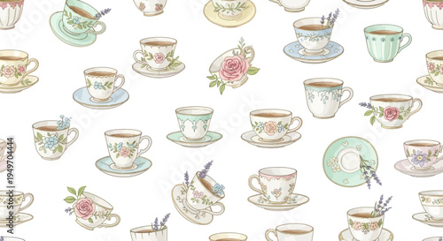 Vintage floral tea cups and saucers seamless pattern
