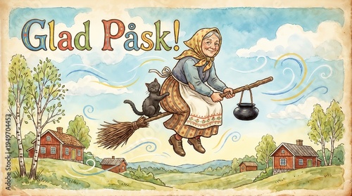 Glad Påsk Swedish Easter greeting on vintage Swedish Easter card with flying påskkärring, naive folk illustration style