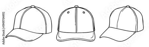 Baseball cap template set with front, side, and back views featuring mockups, headwear, apparel with sports and casual design