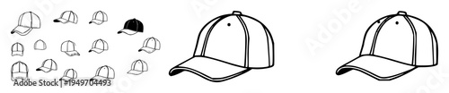 Baseball hat set with sleek black logo icon design featuring baseball, hat, logo elements with vector illustration and graphic design