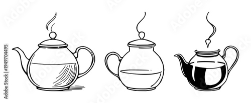 Teapot set with abstract line art design featuring rising steam, coffee, tea with drinkware and kitchenware