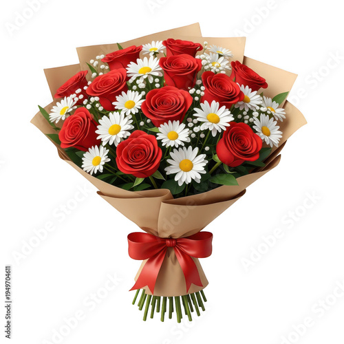 A beautiful bouquet of red roses and white daisies wrapped in brown paper with a red ribbon isolated on transparent background