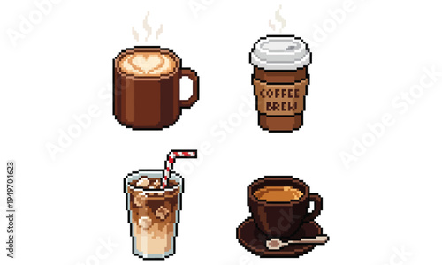 Pixel art collection of various coffee drinks, including a latte, iced coffee, and espresso