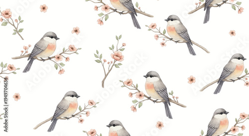seamless pattern of small birds on blooming branches with flowers and leaves on white background
