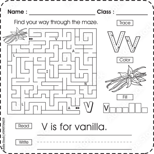 Letter V educational worksheet with maze, tracing, color and writing.