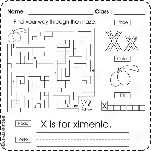 Letter X educational worksheet with maze, tracing, color and writing.