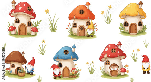Whimsical mushroom houses and gnomes in a magical garden setting with flowers and grass