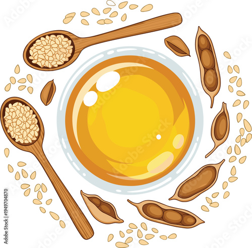 Premium Sesame Oil Vector Illustration Featuring Glass Bowls of Pure Liquid with Wooden Spoons and Healthy Seeds for Culinary Arts, Nutritious Cooking, and Organic Design