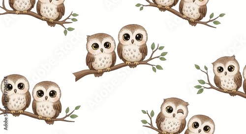Cute cartoon owls on tree branches pattern white background