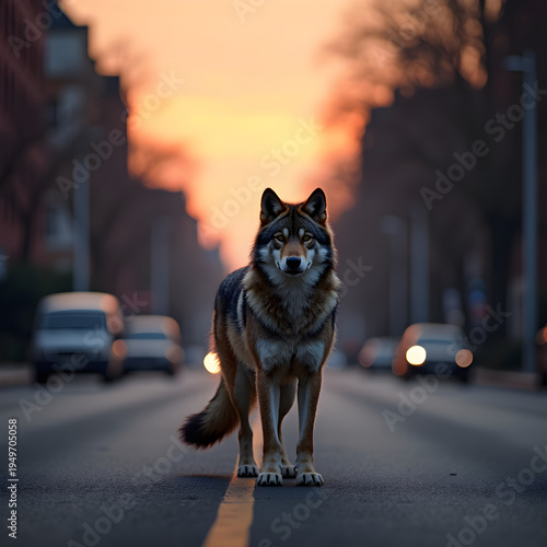 Wolf standing in the middle of a city street at dawn