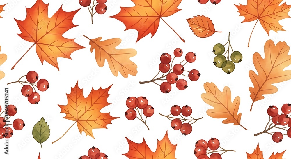 Obraz premium Autumn leaves and berries seamless pattern