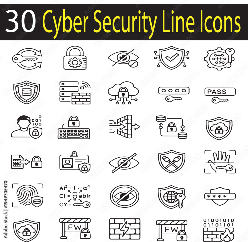 Obraz premium 30 Cyber Security and Data Protection Line Icons - Minimalist Network Security, Encryption, and Privacy Vector Symbols 