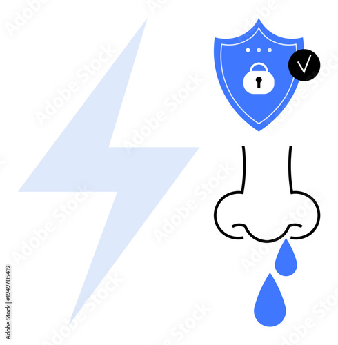 Allergy protection concept. Allergy-related icons including nose, water drops, shield with padlock, and lightning symbol. Allergy prevention, health awareness, and sensitive immunity . Useful