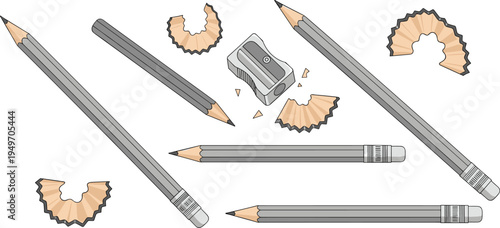Professional Graphite Pencil Vector Illustration Featuring Wooden Pencils with Sharpener and Curly Wood Shavings for Artistic Sketching, Academic Education, and Creative Office Workspace Design