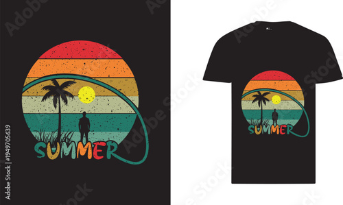 Retro Summer T-Shirt Design Vector with Vintage Sunset Circle, Palm Tree Silhouette, and Man Standing on Beach, Distressed 70s 80s Style Graphic for Apparel and Print