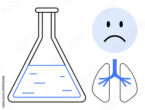 Health impact concept. A laboratory flask next to a sad face and lung illustration s health and environmental concerns. Health awareness, pollution, medical research, environment, education